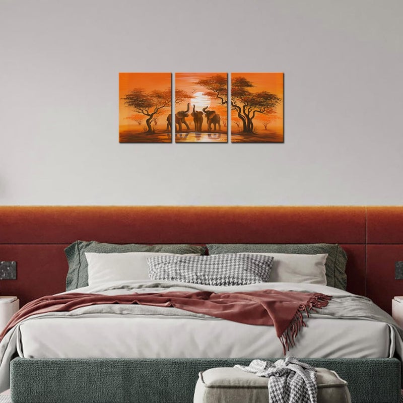 iHAPPYWALL Vintage African Elephant Family Canvas Wall Art African Forest Sunset Landscape Orange Picture Print On Canvas for Living Room Bedroom Home Decor Ready to Hang 12"x16"x3PCS - Image 3
